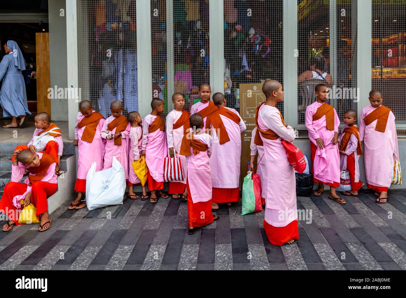 A Group Of Young Thilashin (Young Buddhist Nuns) Yangon, Myanmar. Stock Photo