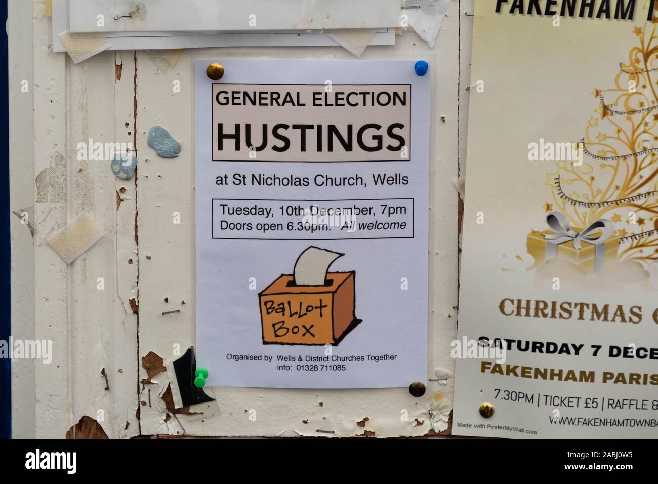 Hustings advertisement poster displayed in Fakenham, Norfolk, for General Election 2019 at St Nicholas Church, Wells, Norfolk, England, UK Stock Photo