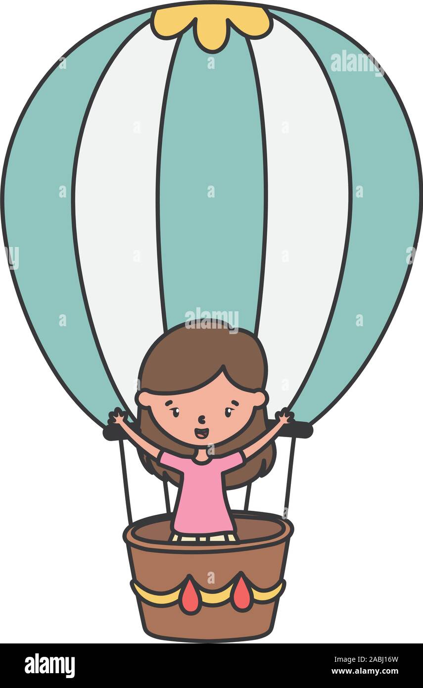 happy little girl cartoon character in hot air balloon vector ...