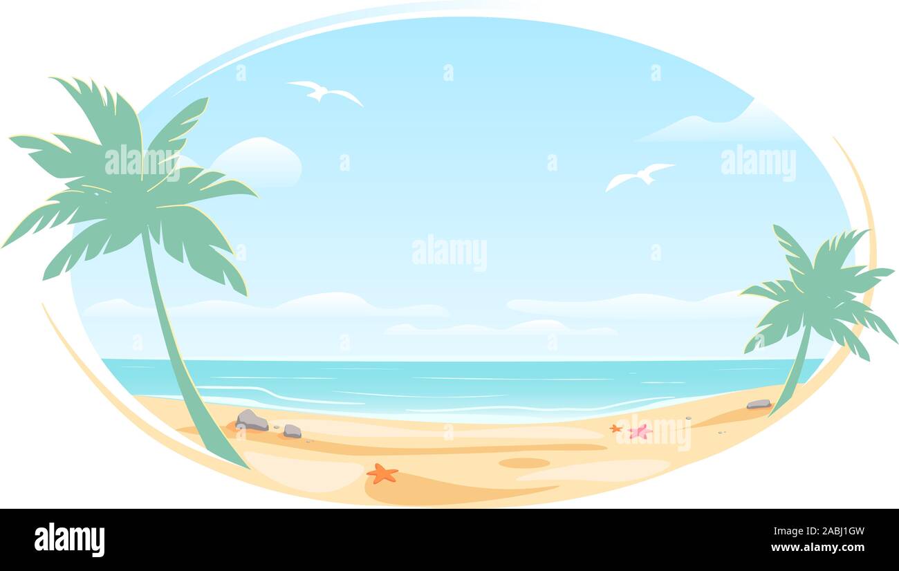 Tropic landscape Poster in oval frame for banner design. Sunny Paradise template illustration with copy space. Summer vacation traveling beach ocean. Greeting card. Vector White background isolated. Stock Vector