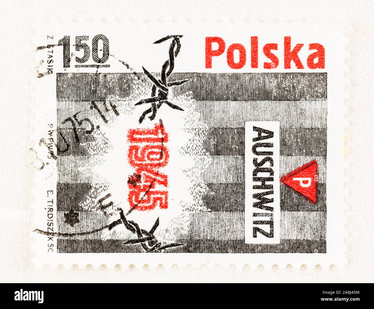SEATTLE WASHINGTON - November 21, 2019: Postage stamp of 1975 in remembrance of liberation of Auschwitz Concentration Camp in 1945. Stock Photo