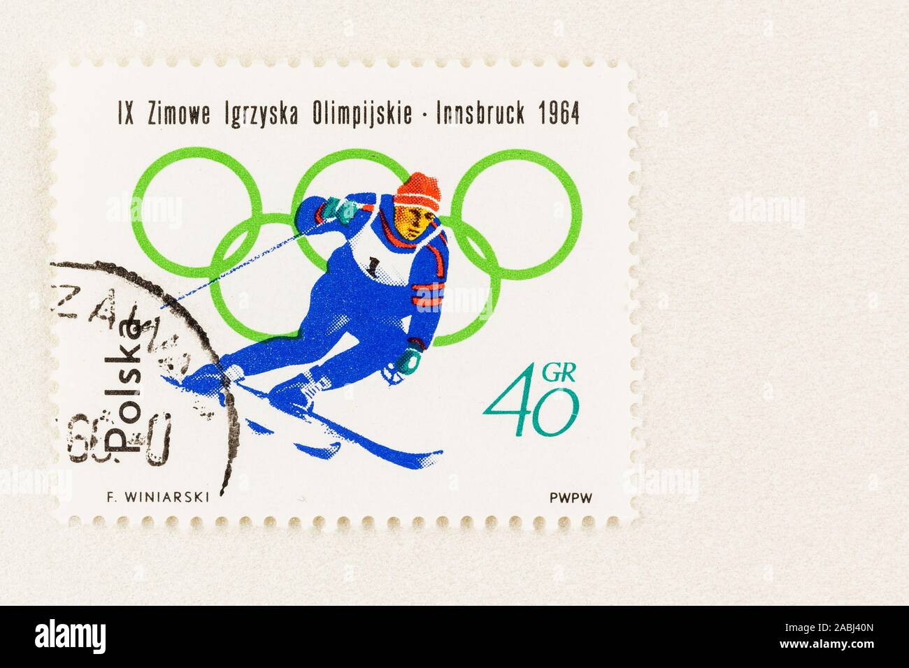 SEATTLE WASHINGTON -November 21, 2019: Stamp from Poland promoting the IX Winter Olympic Games on 1964. Scott 1200. Stock Photo