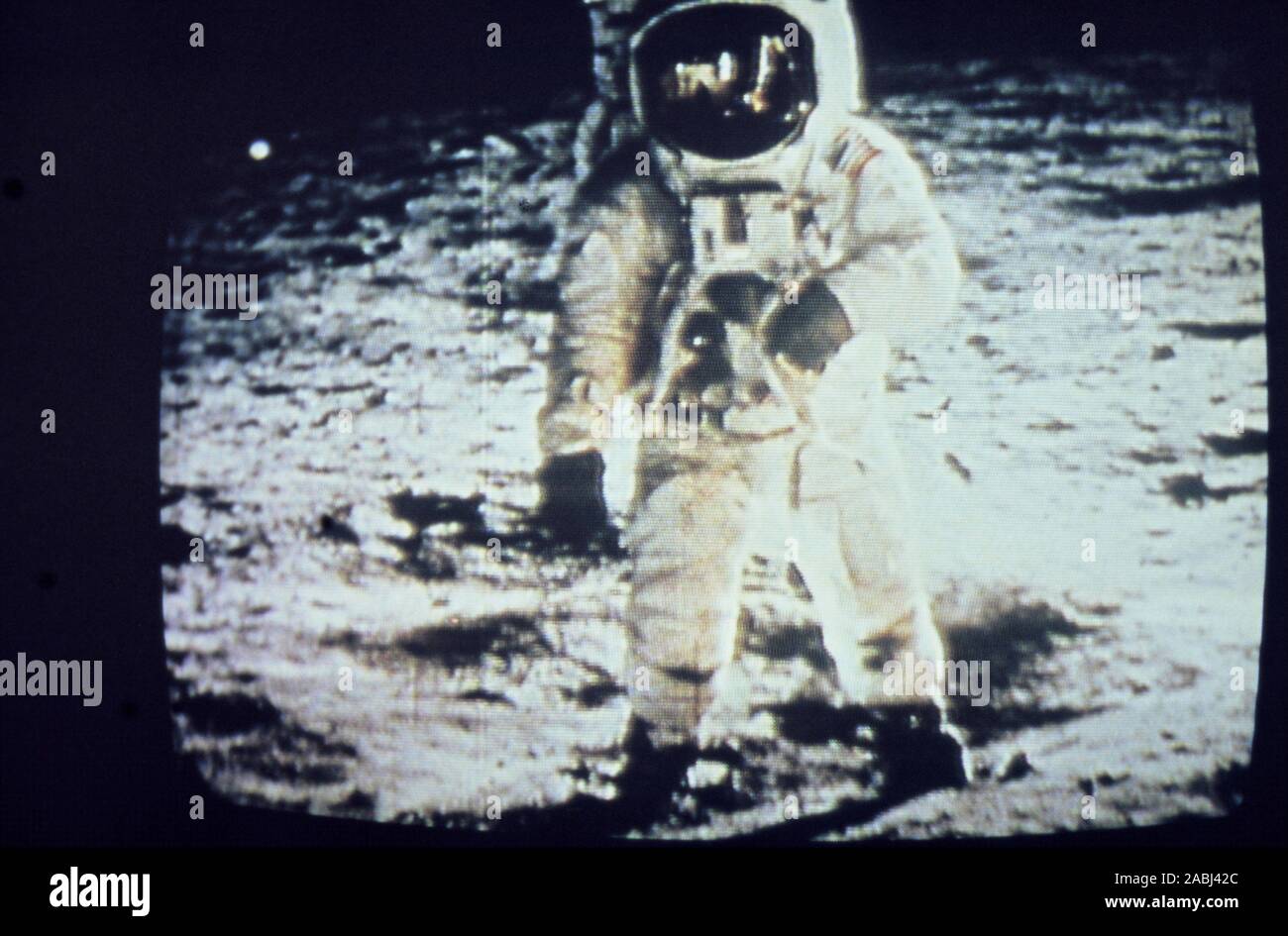 Teleclip - Apollo 11 Buzz Aldrin – shot by Neil Armstrong - photo taken directly from TV screen circa 1969/72 Stock Photo