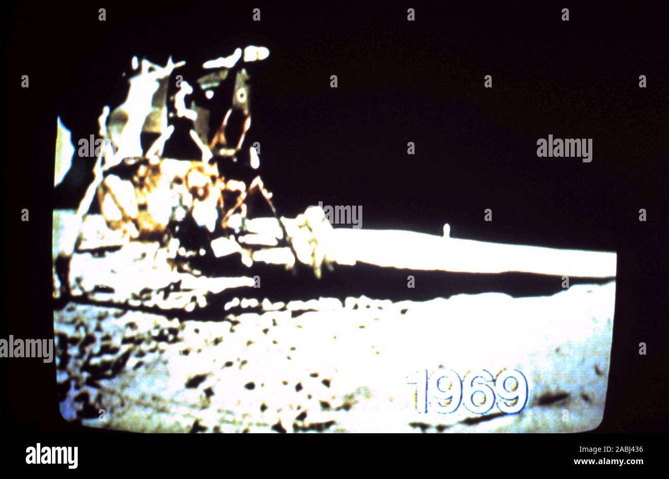 Teleclip - Apollo 11 Buzz Aldrin stepping down onto the Moon's surface the second man on the Moon – shot by Neil Armstrong - photo taken directly from TV screen circa 1969/72 Stock Photo
