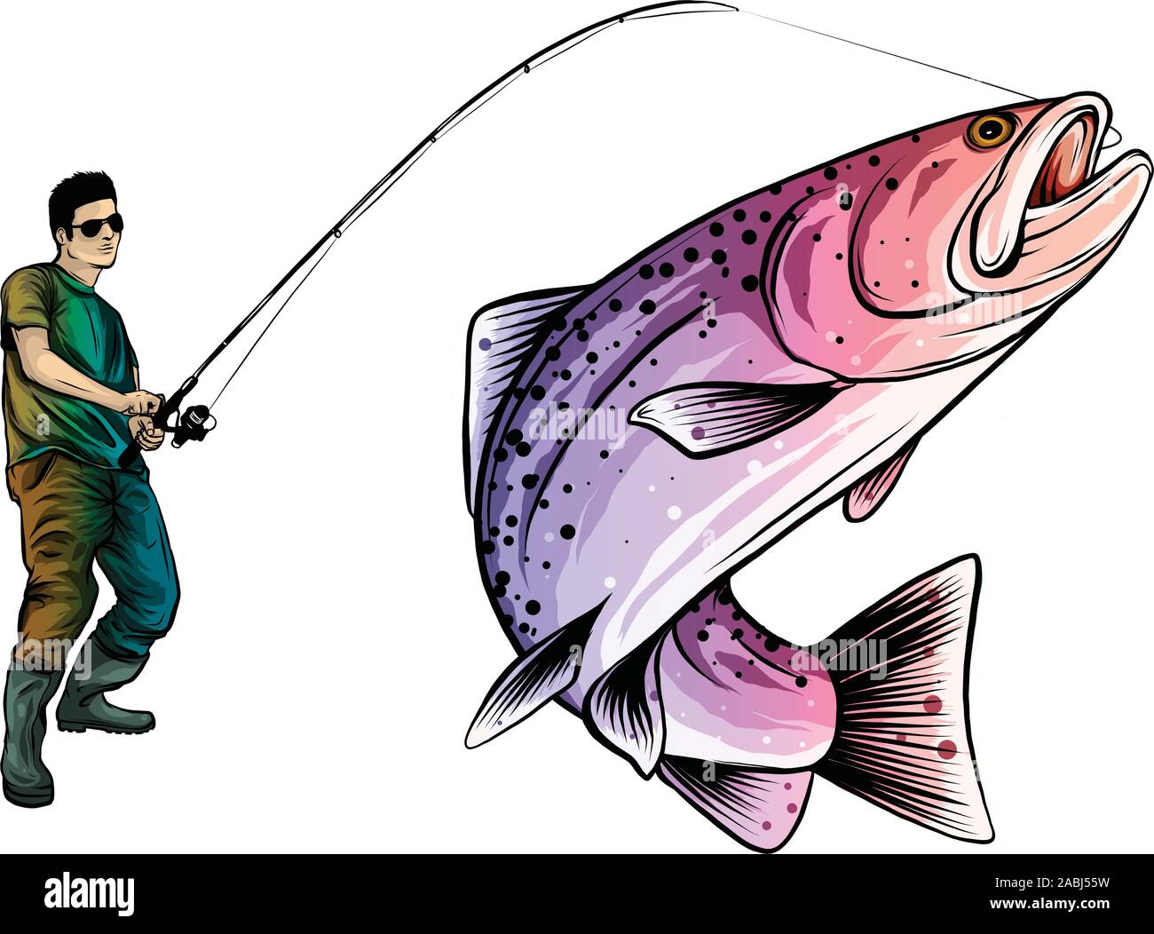 Fishing design for vector. A fisherman catches a boat on a wave. Stock Vector