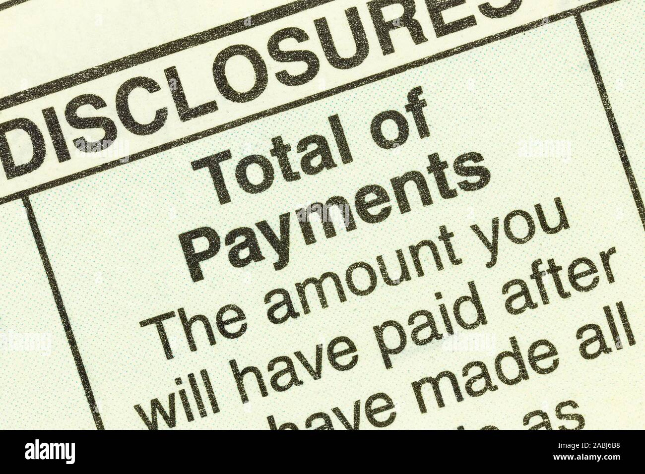 Close up macro view of total number of loan payments detail in the standard federal truth in lending section on an automobile purchase loan form. Stock Photo