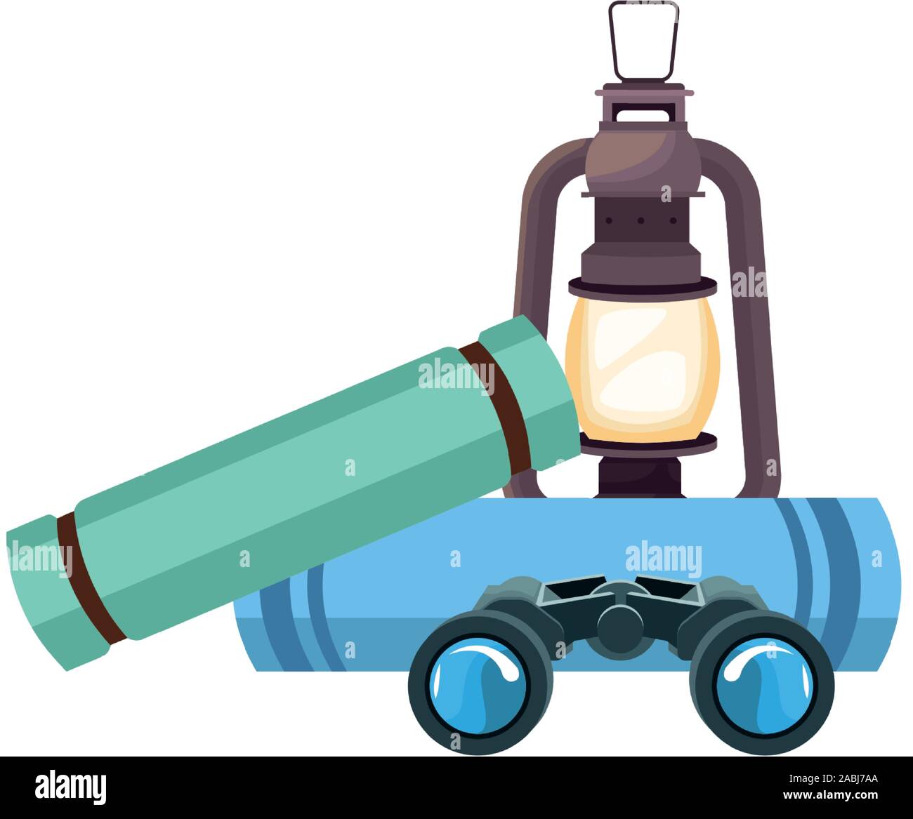 sleeping bags with lantern and binoculars icon Stock Vector