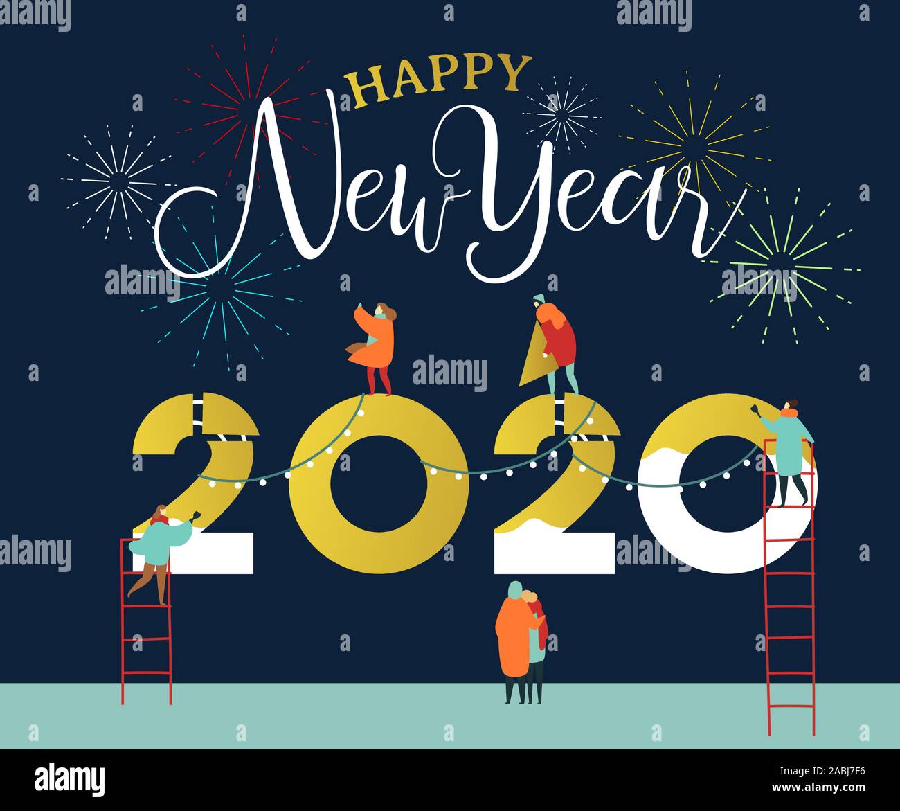 Happy New Year 2020 Greeting Card Of Young People Team Working