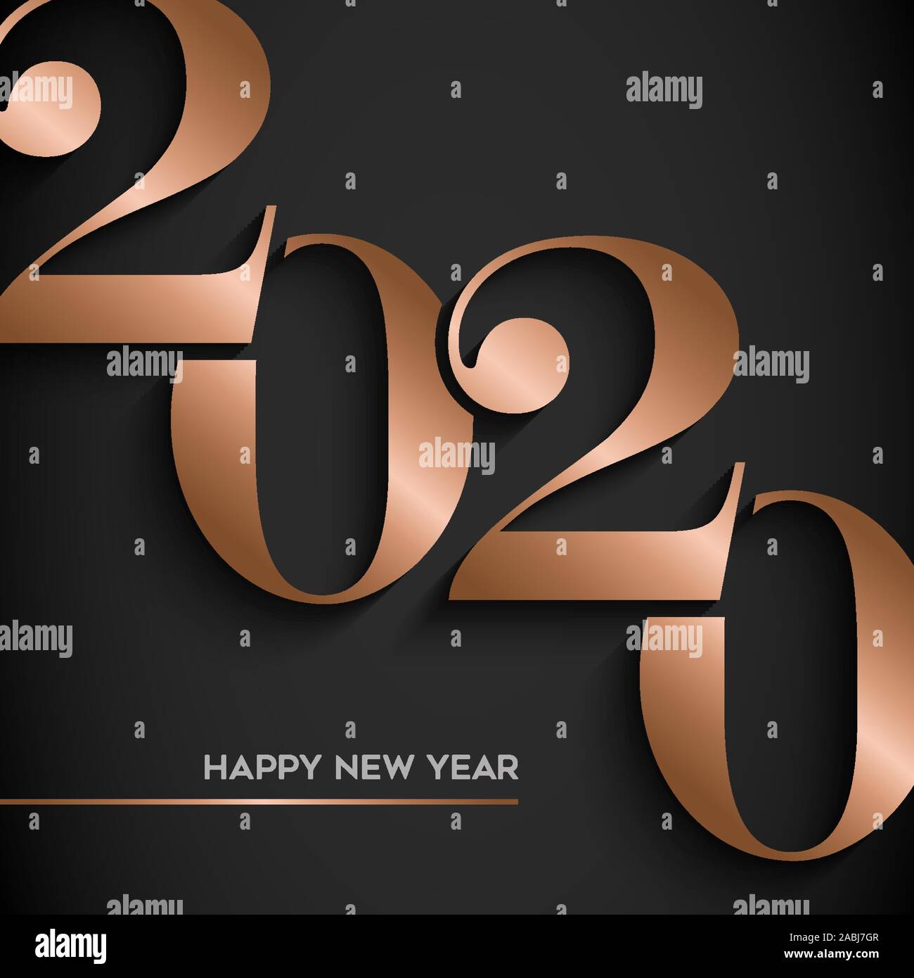 Happy New Year holiday greeting card. Luxury copper calendar number design on black background for party invitation or 2020 years eve event. Stock Vector