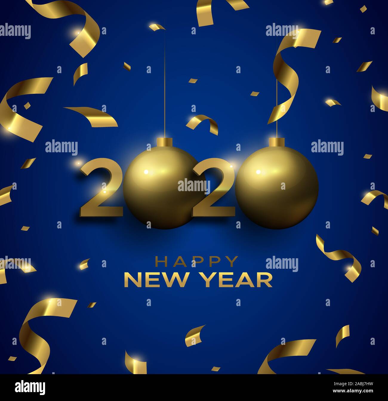Happy New Year 2020 greeting card illustration of gold 3d holiday ornament baubles and golden party confetti on blue background. Stock Vector