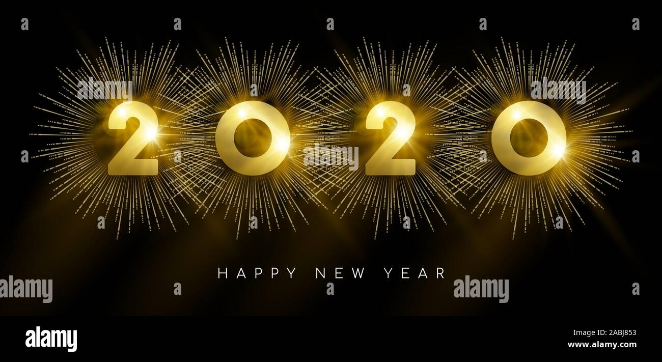 Happy new year 2020 golden firework web banner design, gold text with ...