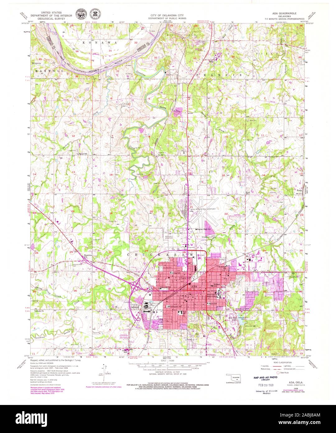 USGS TOPO Map Oklahoma OK Ada 705288 1958 24000 Restoration Stock Photo