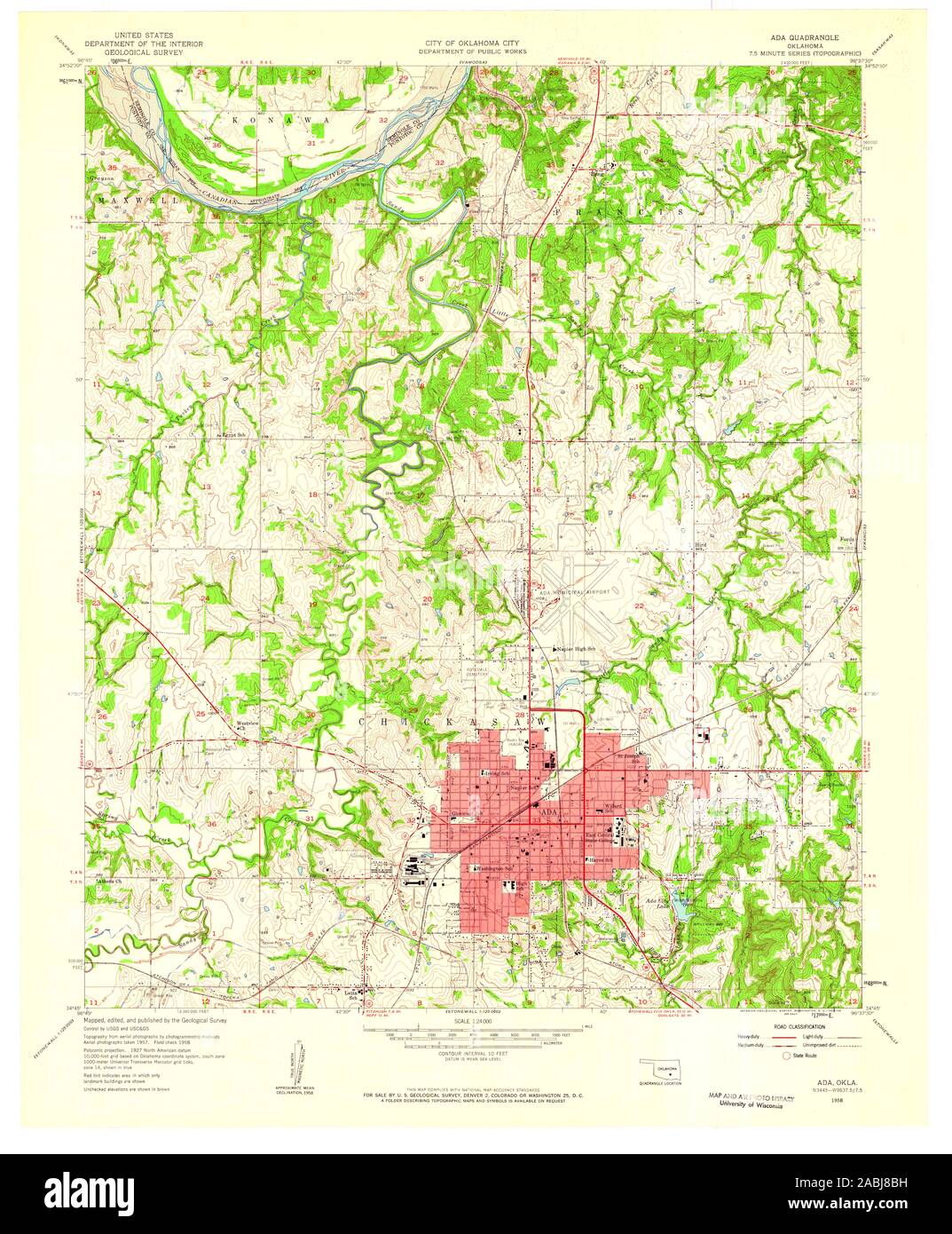 USGS TOPO Map Oklahoma OK Ada 705289 1958 24000 Restoration Stock Photo