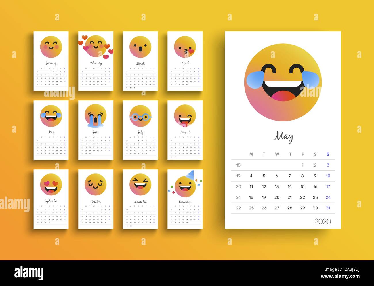 2020 calendar template, new year planner layout with funny social smiley  face cartoon on isolated white background. Monthly date schedule for  business Stock Vector Image & Art - Alamy