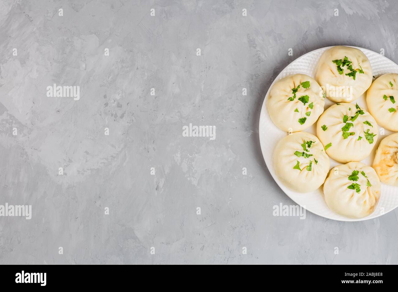 Close up of Chinese steamed dumplings on gray concrete background. Flat lay, top view, overhead, mock up, template. Asian food concept. Traditional fo Stock Photo