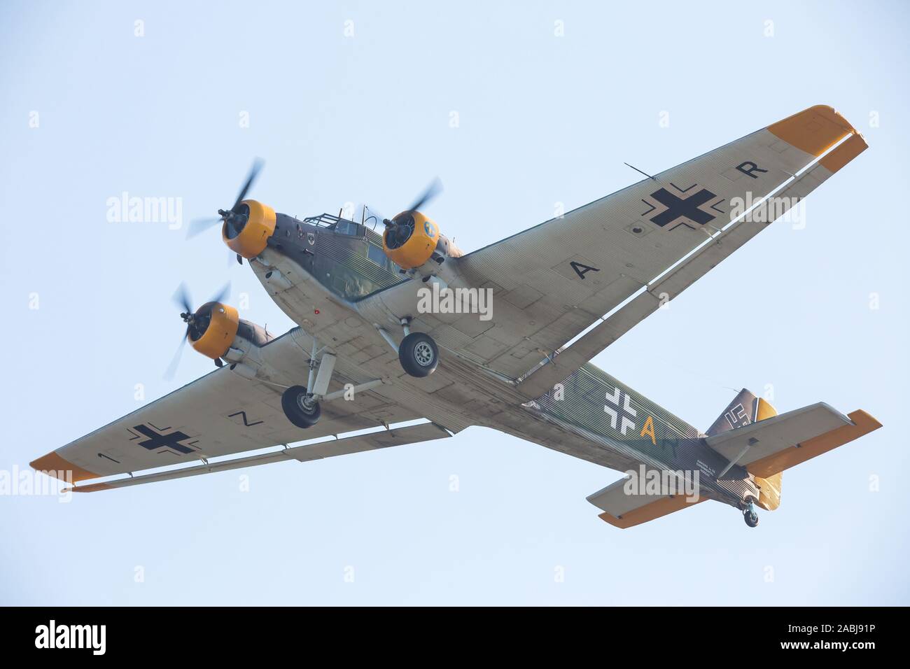 MONROE, NC (USA) - November 9, 2019:  A German Junkers JU52 transport aircraft in flight at the Warbirds Over Monroe Air Show. Stock Photo