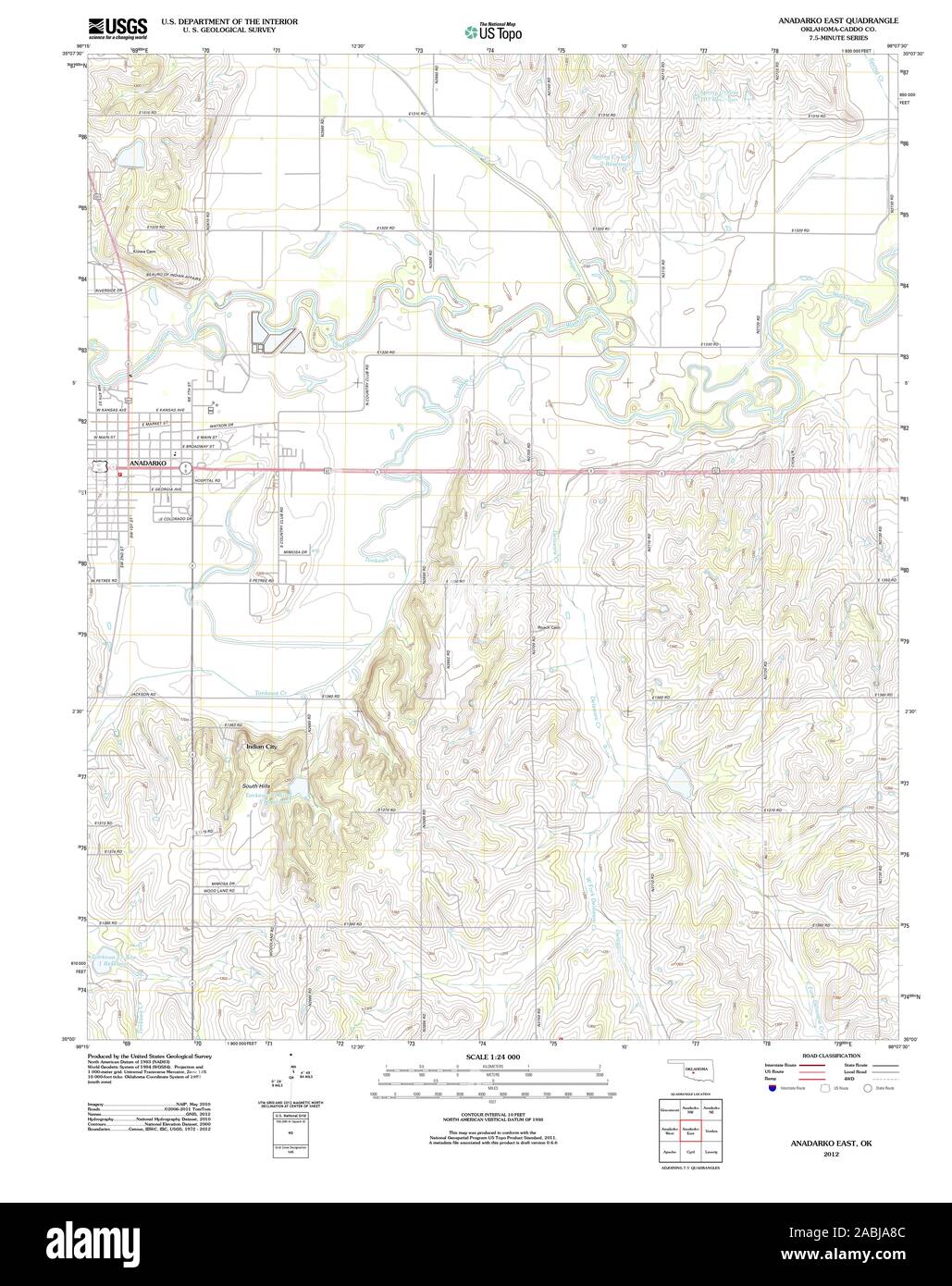 USGS TOPO Map Oklahoma OK Anadarko East 20121119 TM Restoration Stock Photo