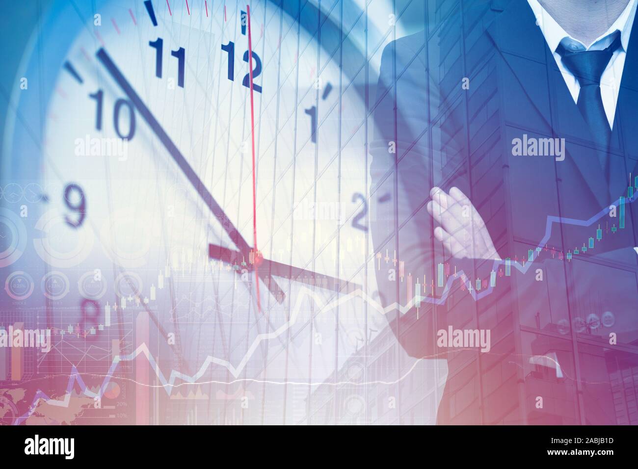 Business times high efficiency management and working hours concept. Clock face overlay with businessman. Stock Photo