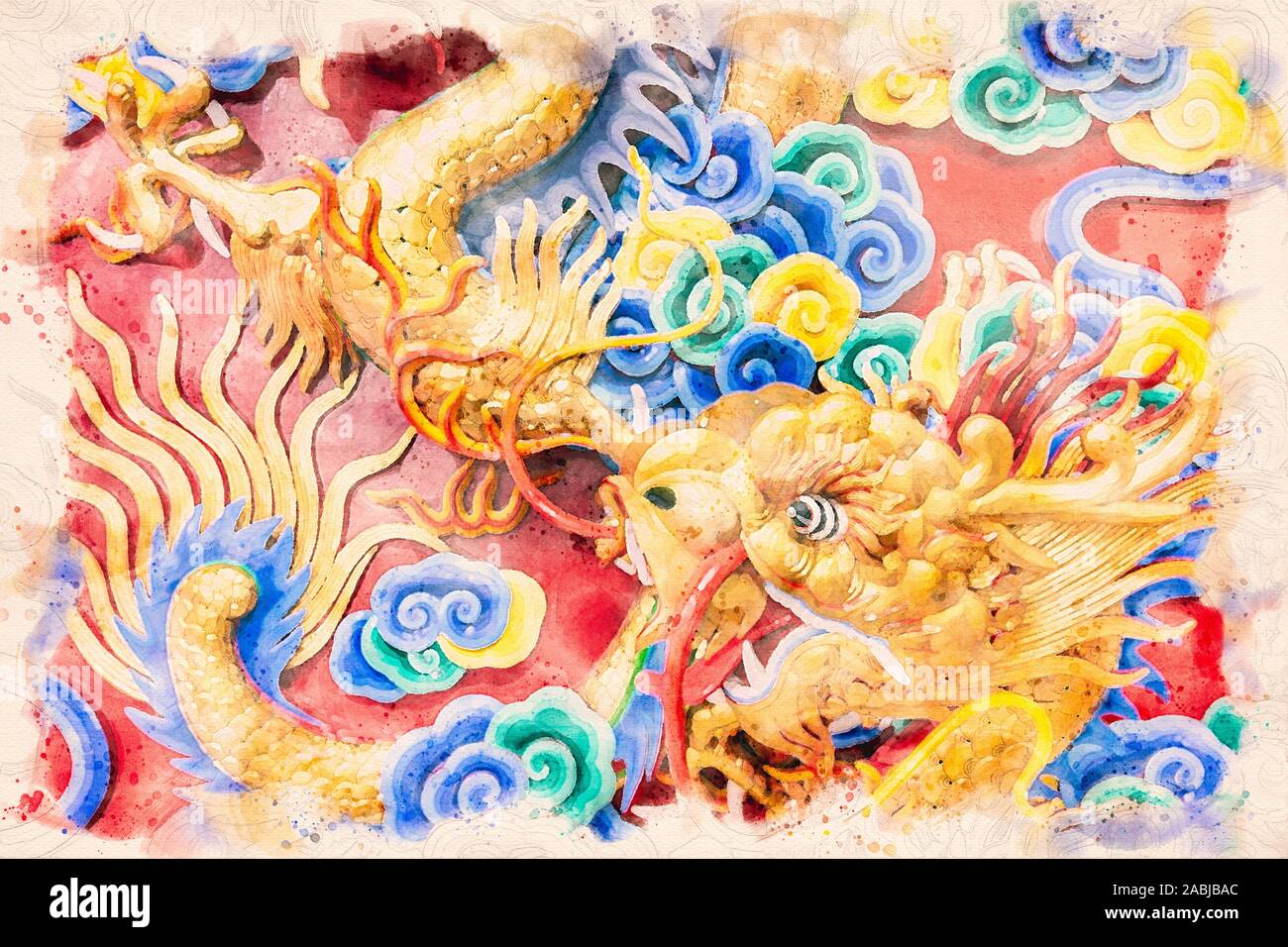 Chinese Dragon with illustration water painting effect for Asian art works postcard design. Stock Photo