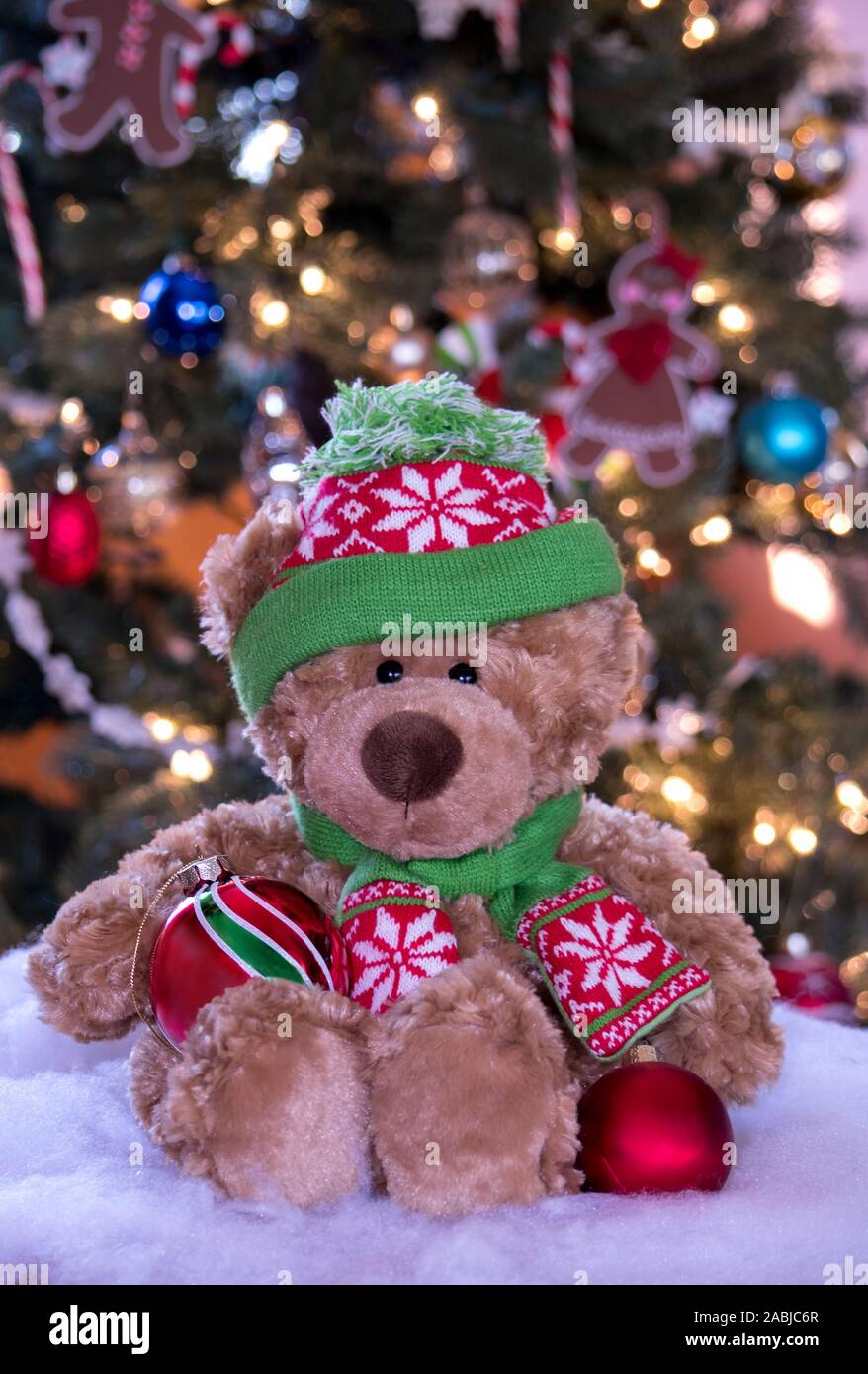 Brown stuffed teddy bear poses in front 