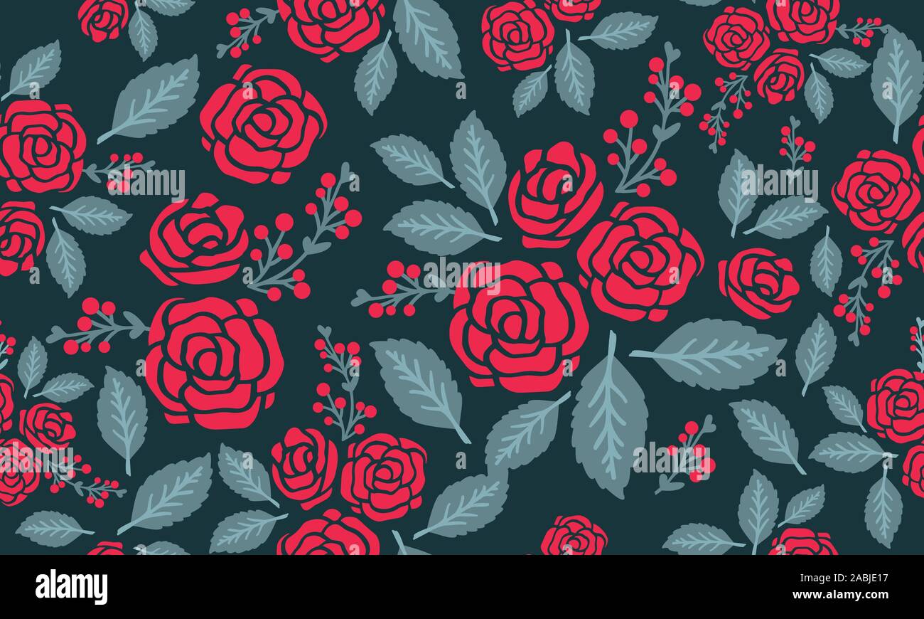 Vintage seamless rose floral pattern, with green leaves. Stock Vector