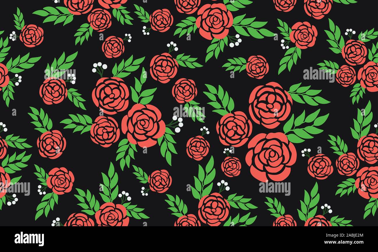 Vintage seamless rose floral pattern, with green leaves. Stock Vector