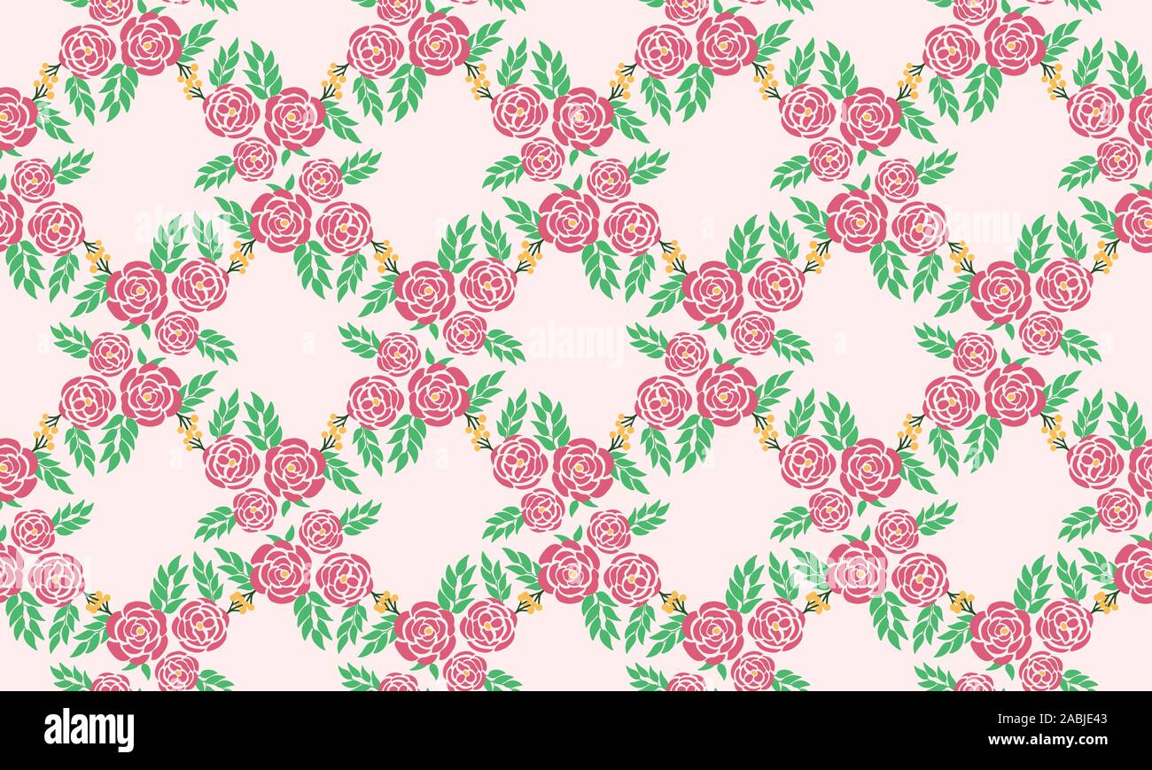 Vintage seamless rose floral pattern, with green leaves. Stock Vector