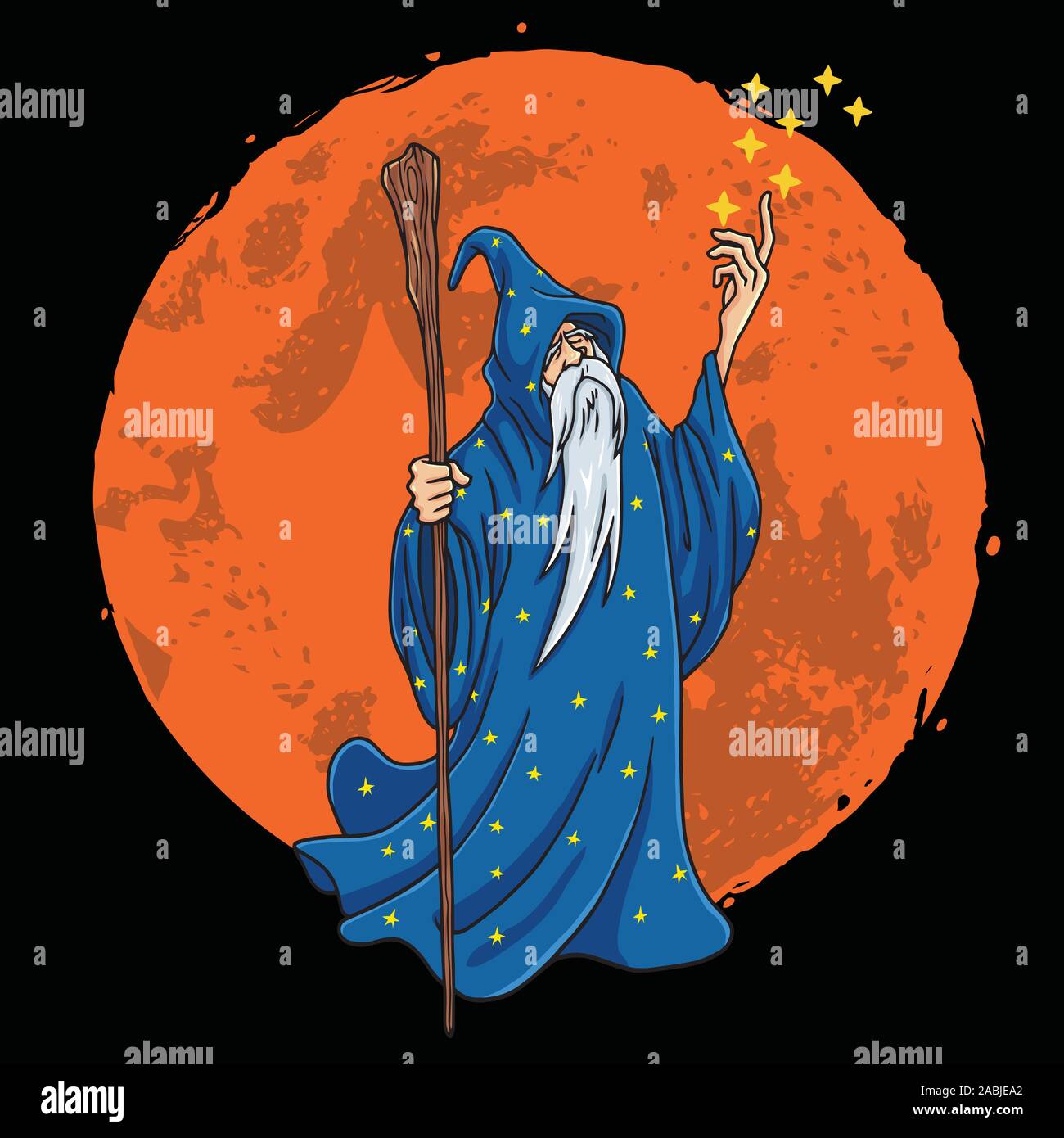 Wizard with Blue and Stars Clothes Character Design Cartoon with Moon Background Vector Illustration Stock Vector