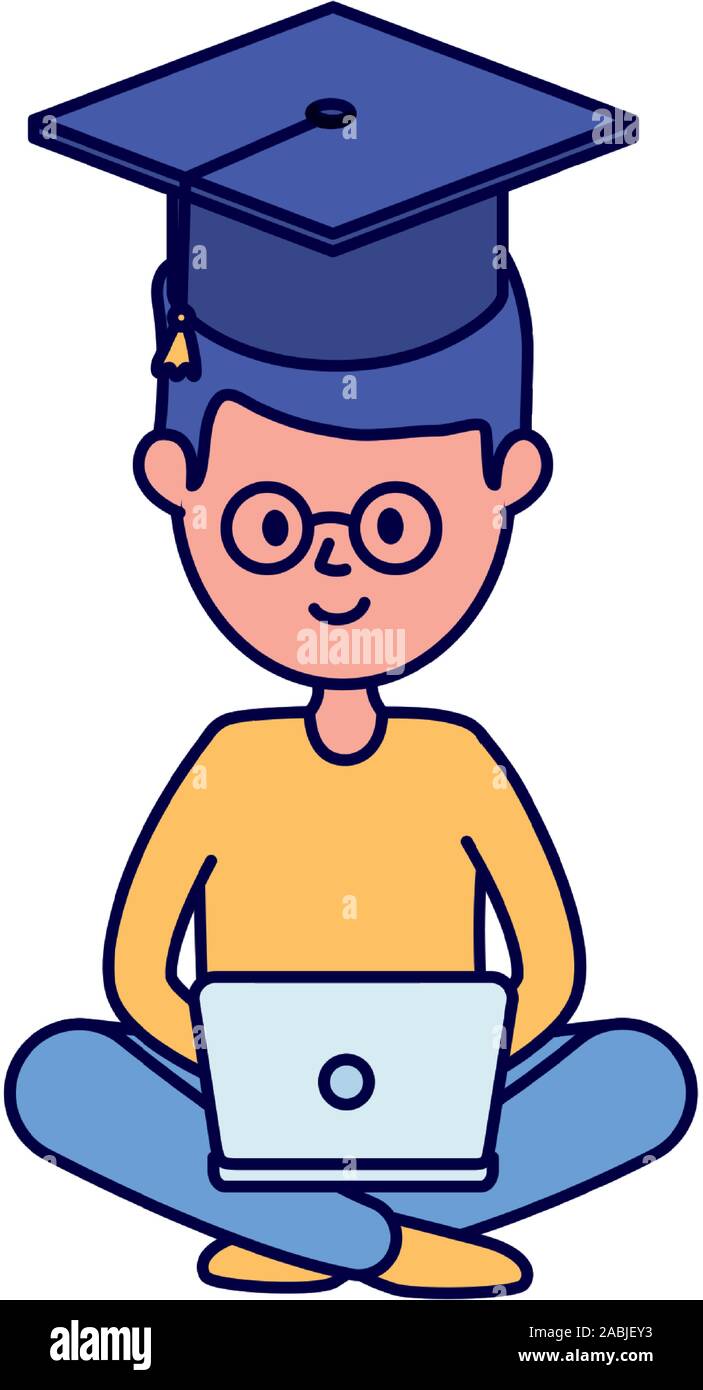 young man student with laptop learning online vector illustration Stock ...