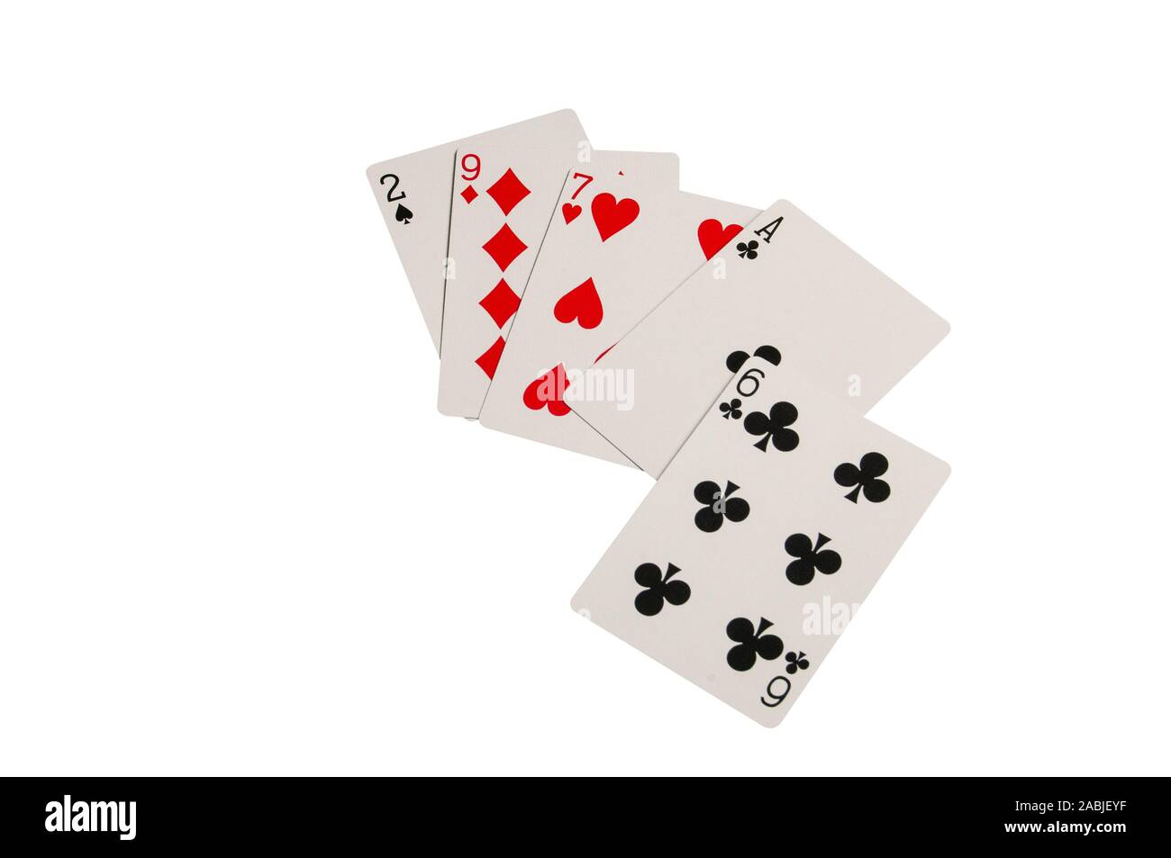 Random cards of a losing poker hand isolated on a white background. Stock Photo