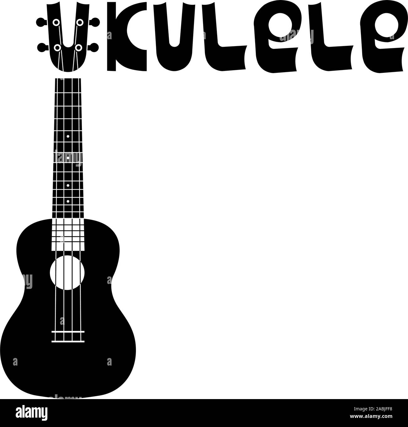 Ukulele Hawaiian guitar. Lettering of the word ukulele. String musical instrument. Simple vector illustration. Logo, badge, icon Stock Vector