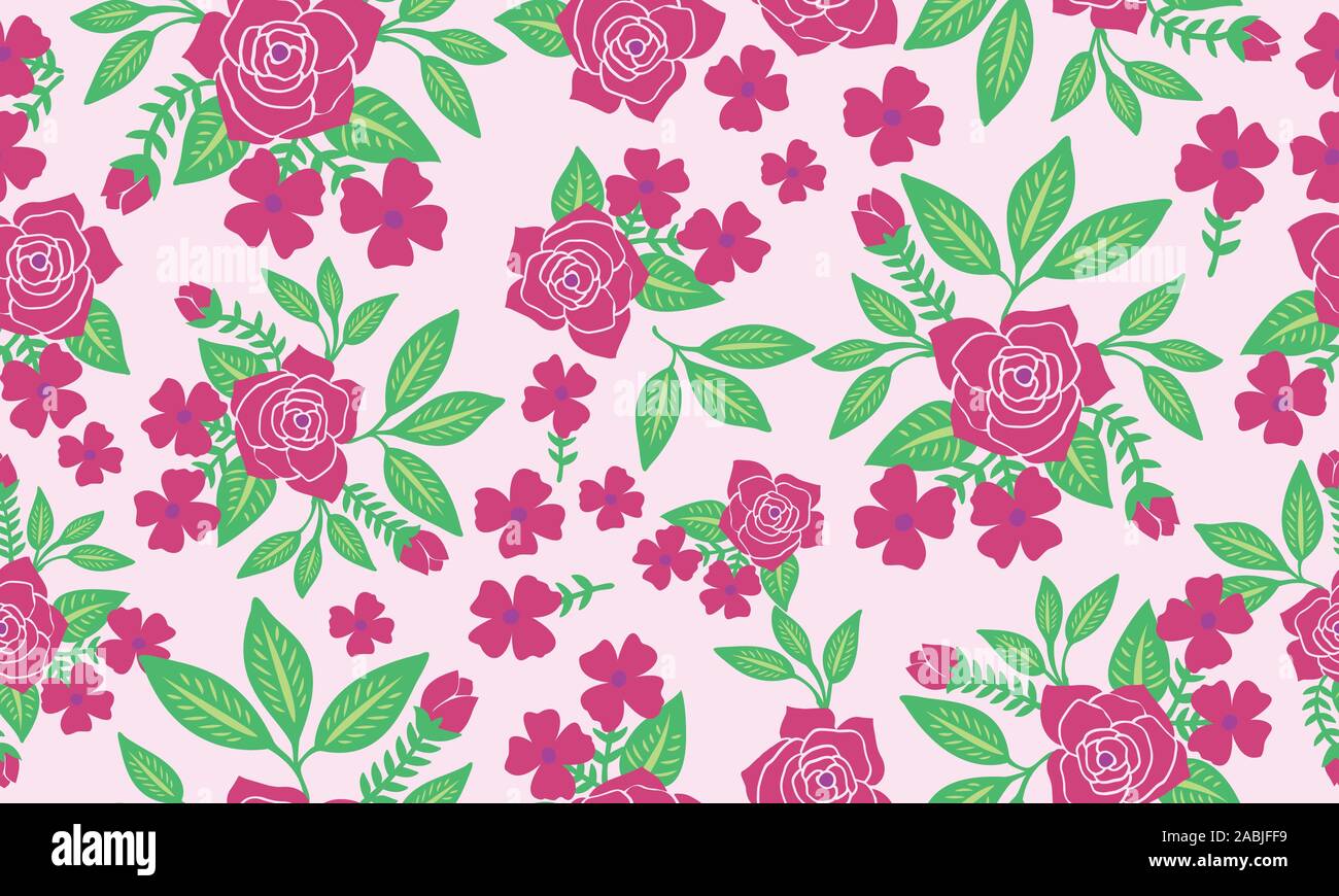 Wallpaper vintage purple floral pattern bakground, green leaves. Stock Vector