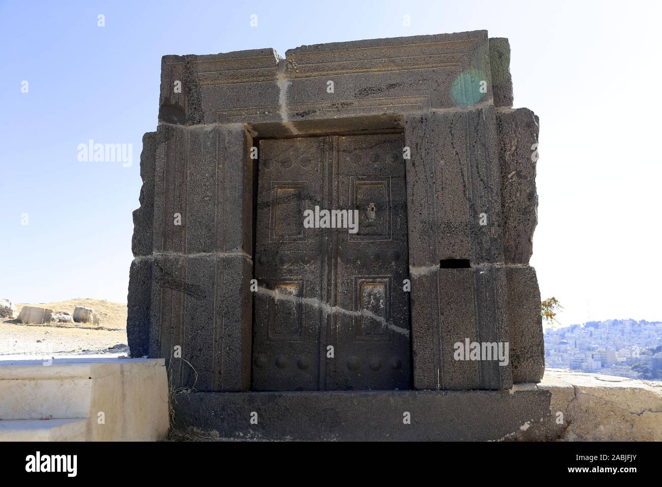 Basalt carved doorway, Sculpture Gardens, Jordan Archaeological Museum, Citadel, Ali Ben Al Hussein Street, Jabal Al Qalah, Amman, Jordan, Middle East Stock Photo