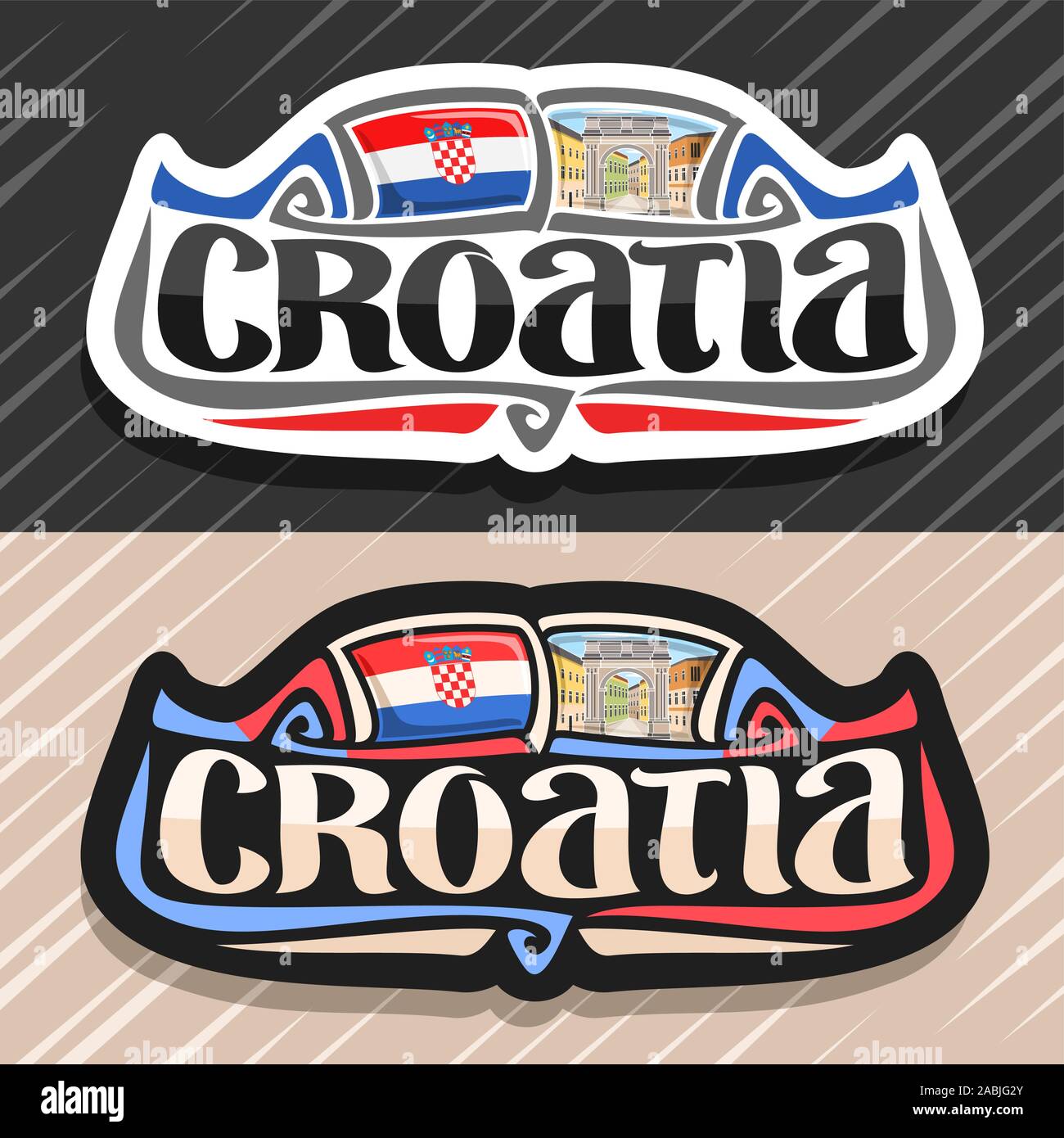 Vector logo for Croatia country, fridge magnet with croatian flag, original brush typeface for word croatia and national croatian symbol - Triumphal A Stock Vector