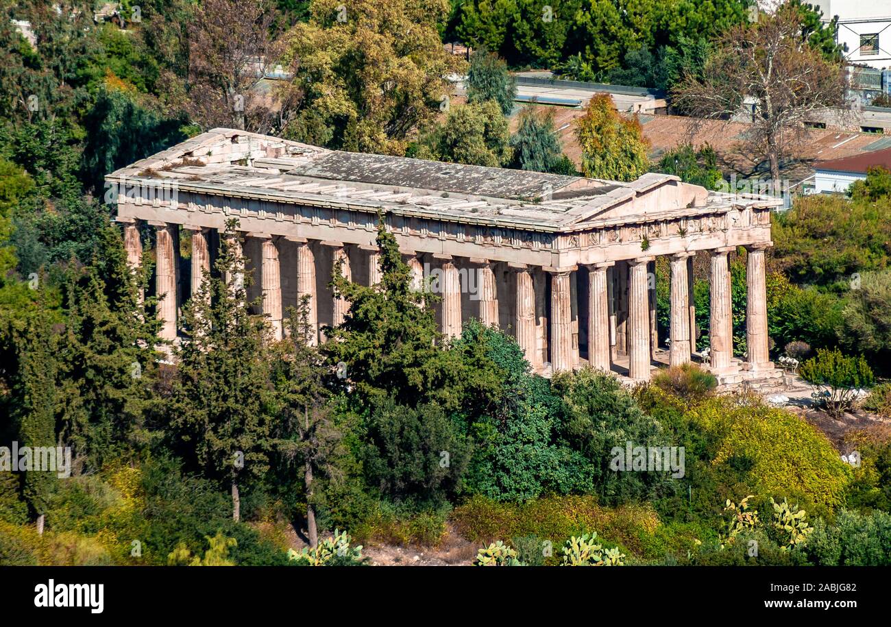 The Temple of Hephaestus (also Theseum), a Doric peripteral temple, located at the north-west side of the Ancient Agora of Athens. Stock Photo
