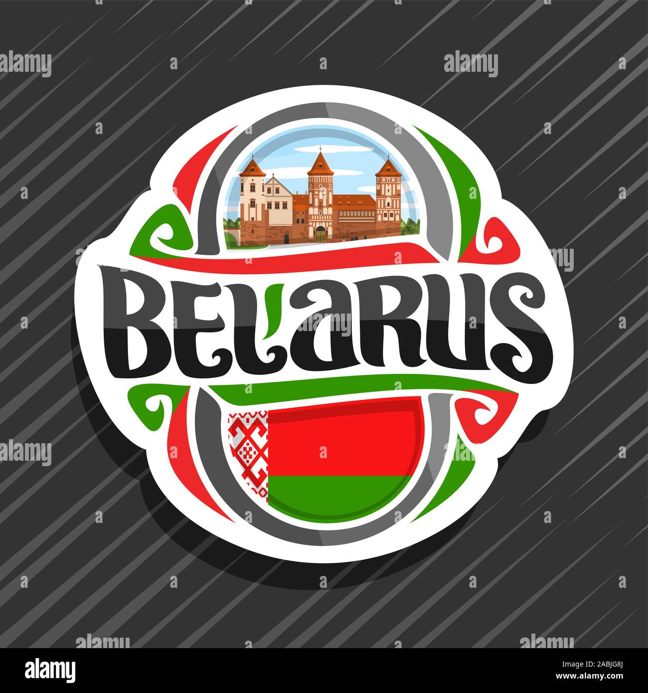 Vector logo for Belarus country, fridge magnet with belarusian state flag, original brush typeface for word belarus and national belarusian symbol - N Stock Vector