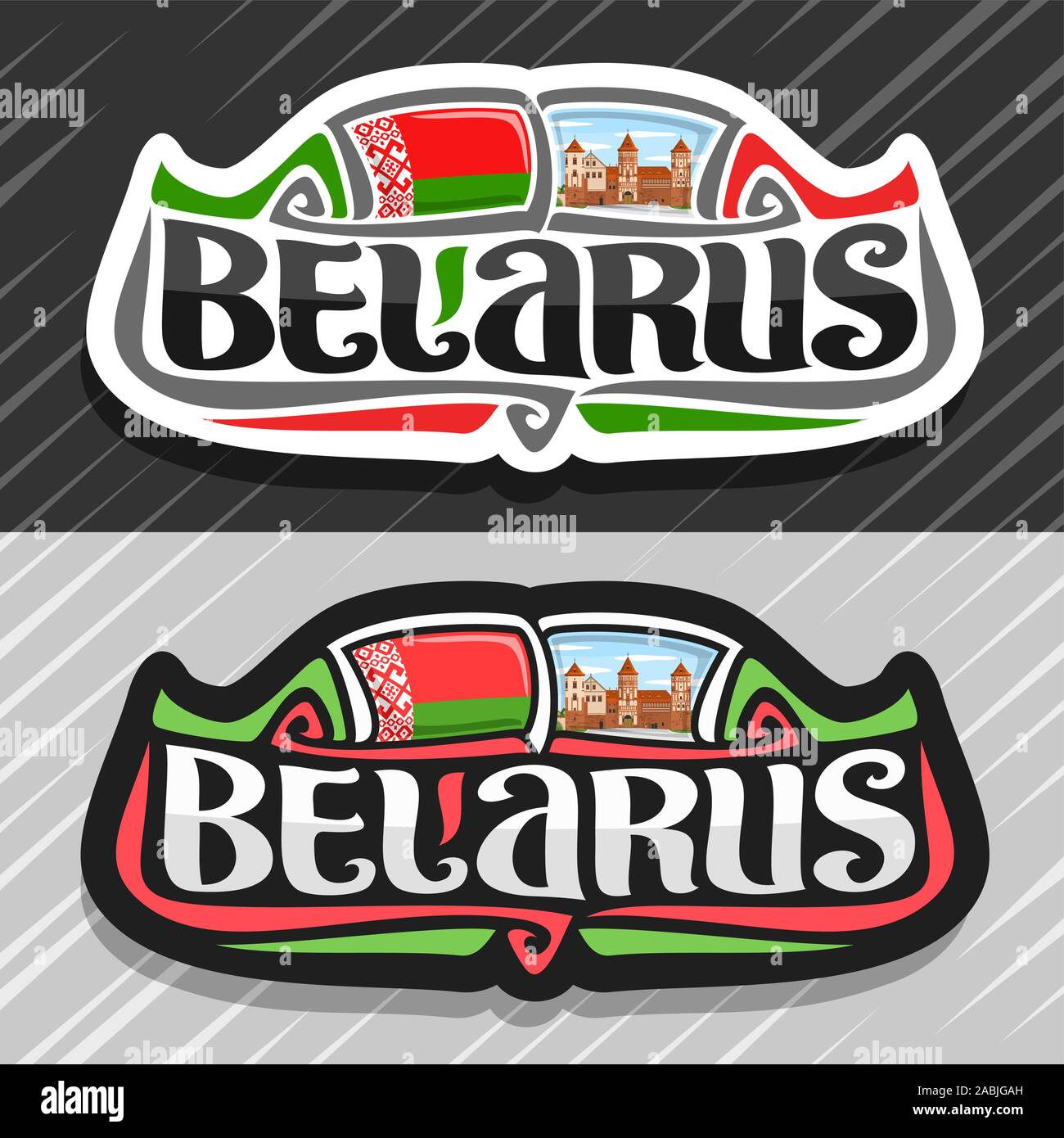 Vector logo for Belarus country, fridge magnet with belarusian state flag, original brush typeface for word belarus and national belarusian symbol - N Stock Vector