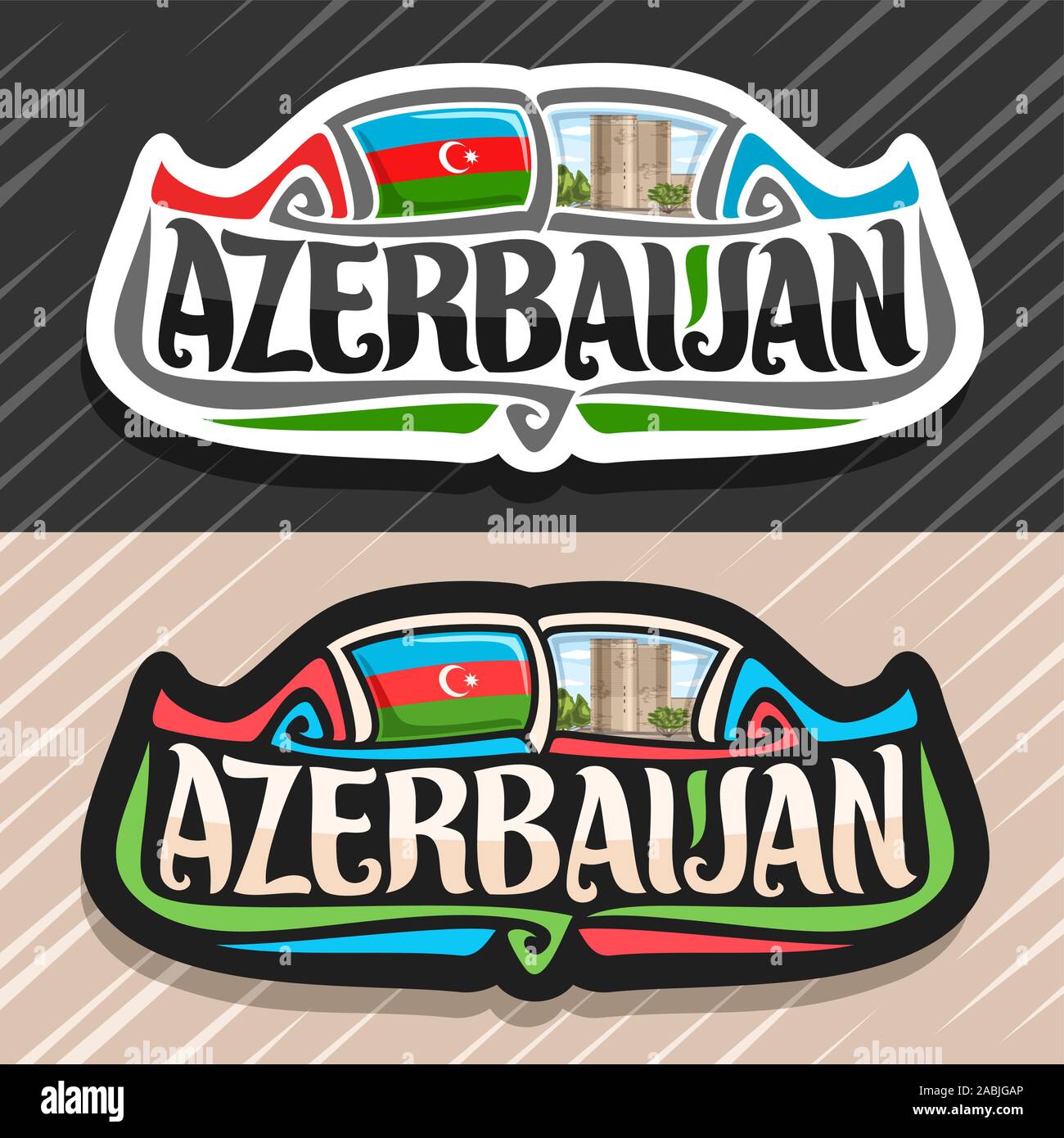 Vector logo for Azerbaijan country, fridge magnet with azerbaijanian state flag, original brush typeface for word azerbaijan and national symbol - Mai Stock Vector
