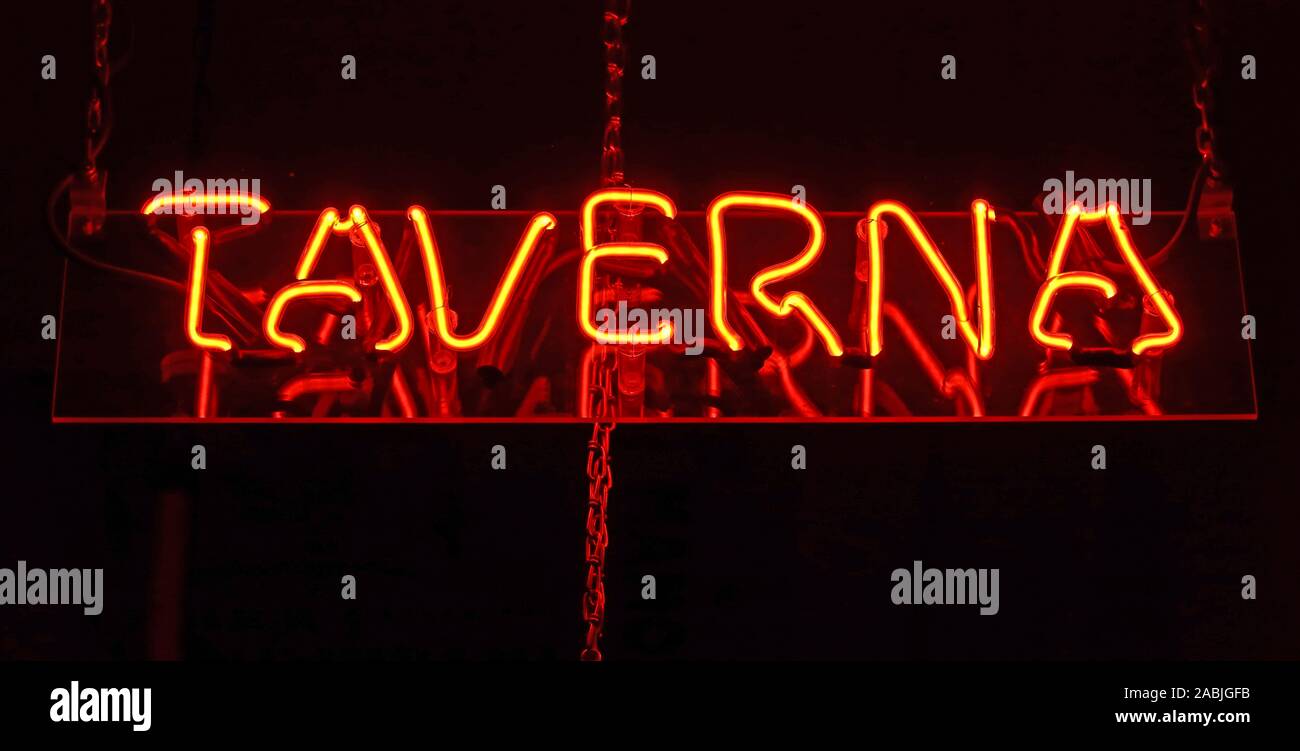 Taverna red neon sign, restaurant, Birmingham, England, UK Stock Photo