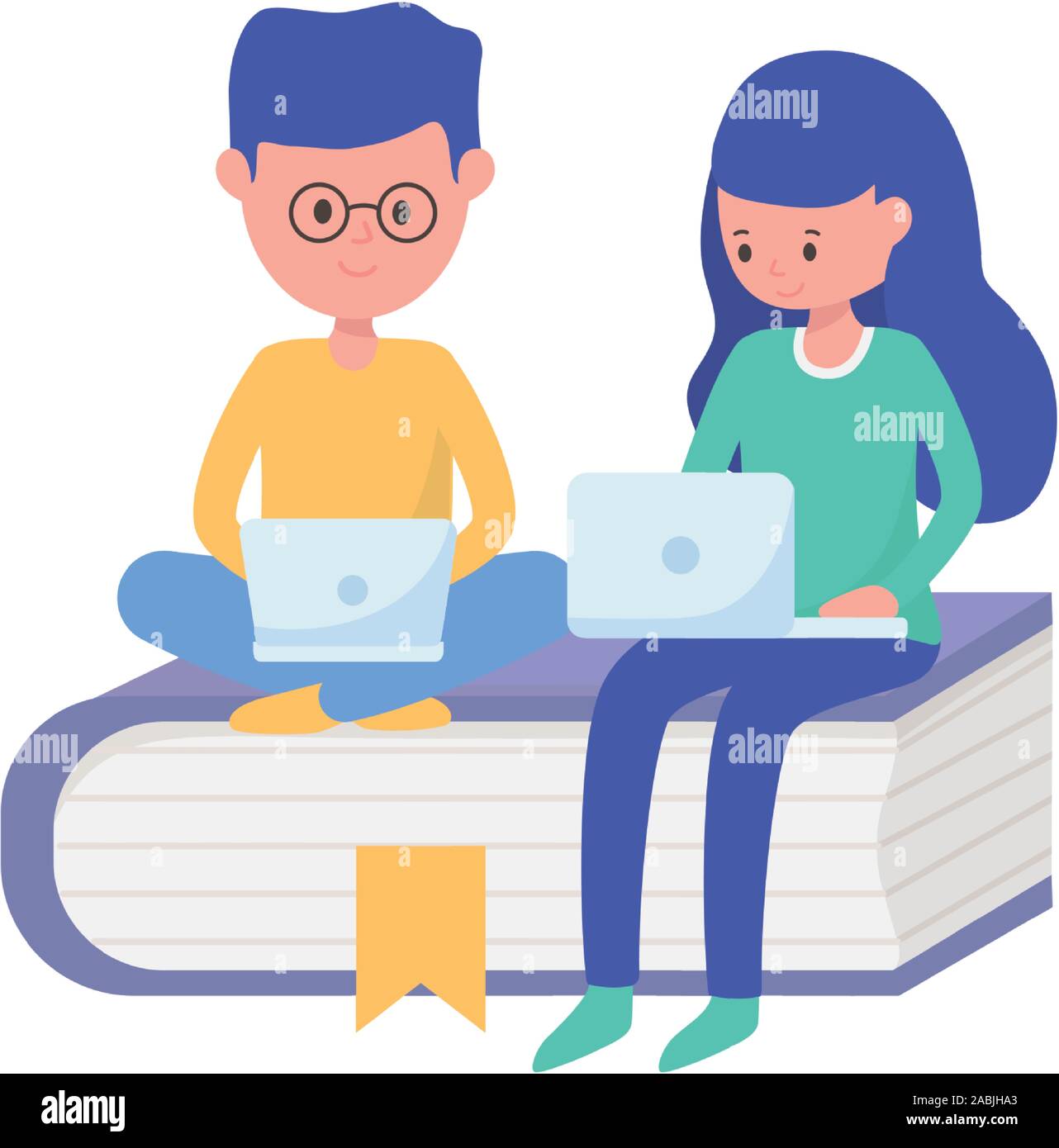student boy and woman with laptop in book education learning online ...