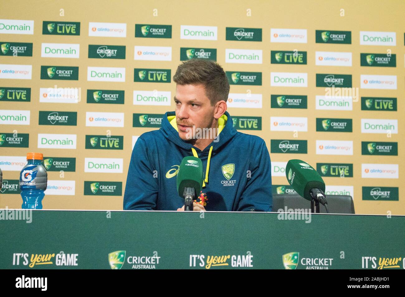 Adelaide, Australia 28 November 2019. Australia Cricket test captain Tim Paine gives a media interview ahead of the 2nd Domain Day Night test using a pink ball which begins on Friday between Australia and Pakistan at the Adelaide Oval. Australia leads 1-0 in the 2 match series .Credit: amer ghazzal/Alamy Live News Stock Photo