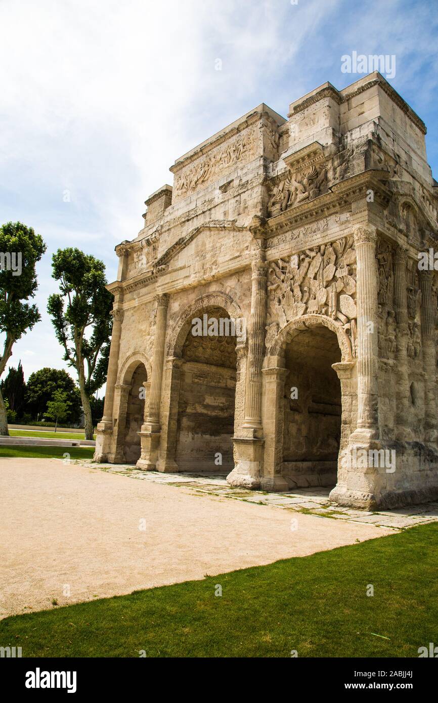 The Triumphal Arch of Orange depicts various victories of the Roman Empire in France Stock Photo