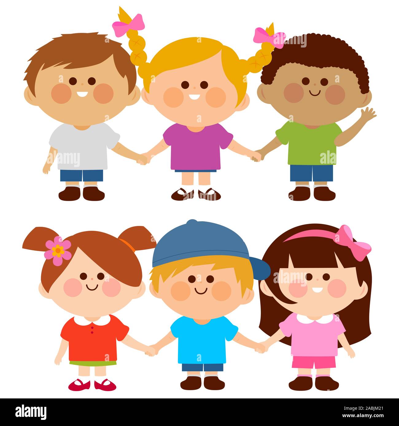 Happy children. Group of diverse kids standing in a row holding hands ...