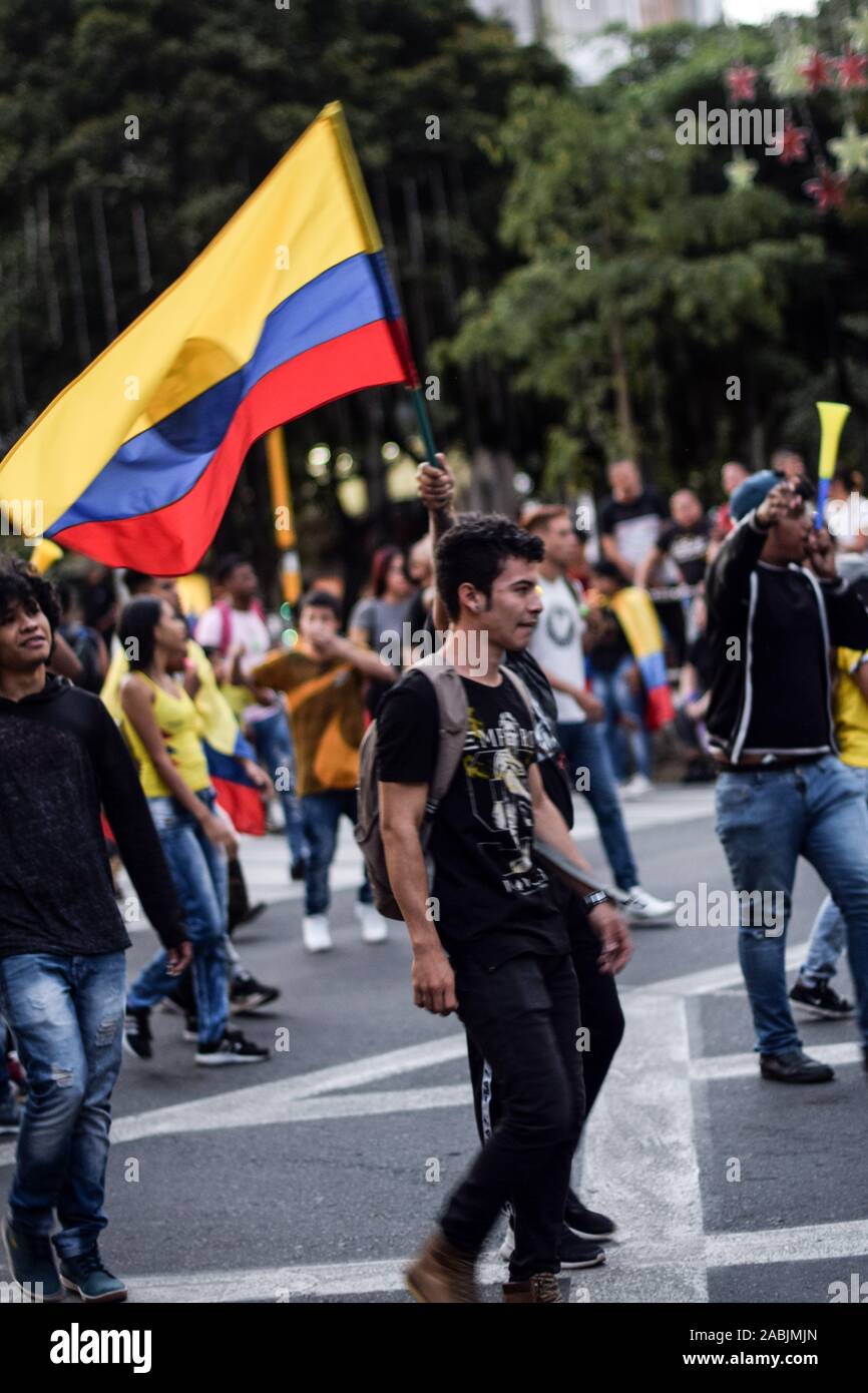 Peaceful protests continue one week after the nationwide strike in Cali, Colombia, Wednesday, Nov. 27, 2019. Stock Photo