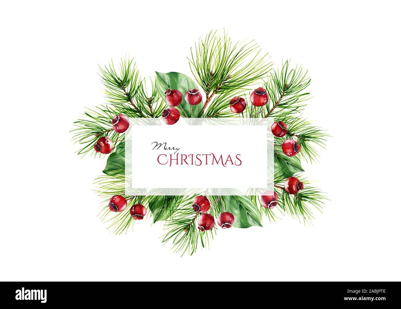 Christmas frame with pine branches, red berries and place for text ...
