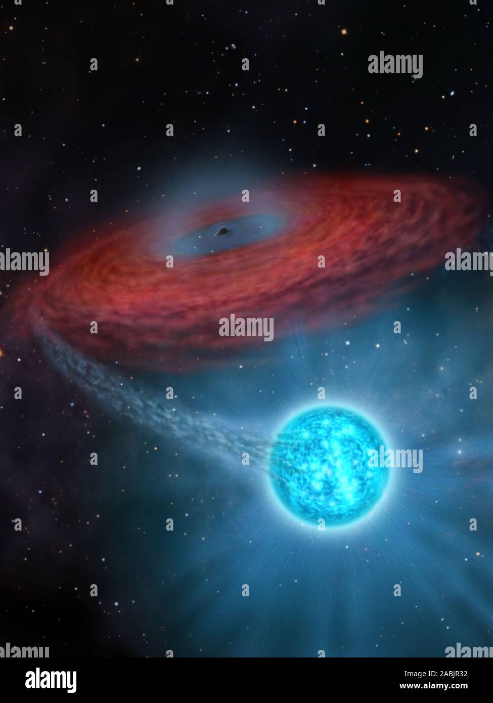 Beijing, China. 27th Nov, 2019. This photo shows the artistic rendering of the black hole LB-1. A Chinese-led research team has discovered a surprisingly huge stellar black hole about 14,000 light-years from Earth -- our 'backyard' of the universe -- forcing scientists to re-examine how such black holes form. The team, headed by Liu Jifeng, of the National Astronomical Observatory of the Chinese Academy of Sciences (NAOC), spotted the black hole, which has a mass 70 times greater than the Sun. Researchers named the monster black hole LB-1. Credit: Xinhua/Alamy Live News Stock Photo