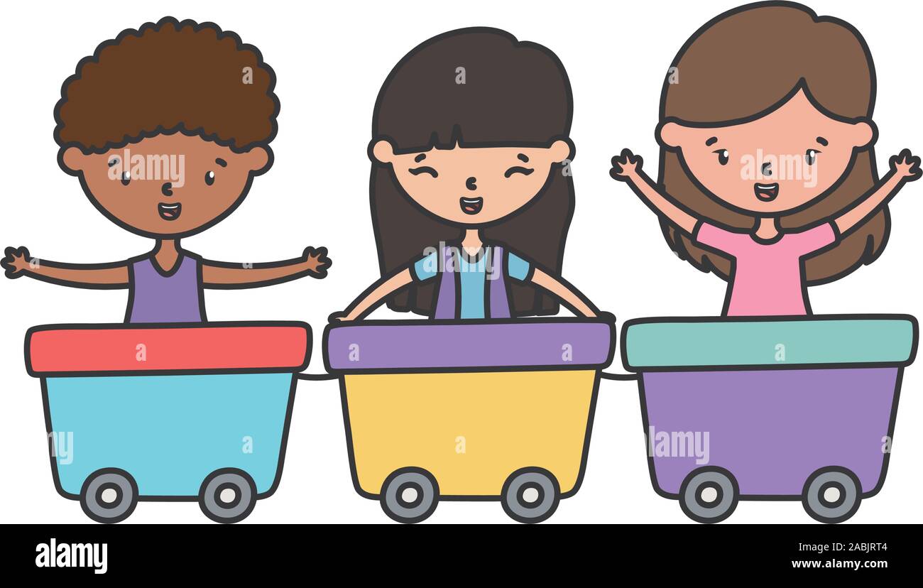 happy little kids playing with wagon train vector illustration Stock