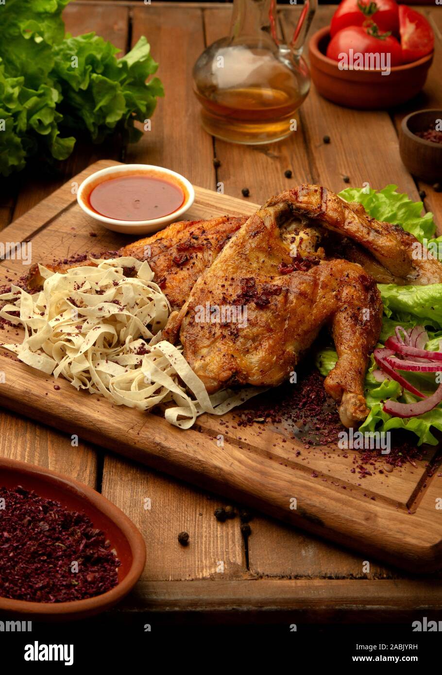 grilled chicken with onion and ketchup 1 Stock Photo Alamy
