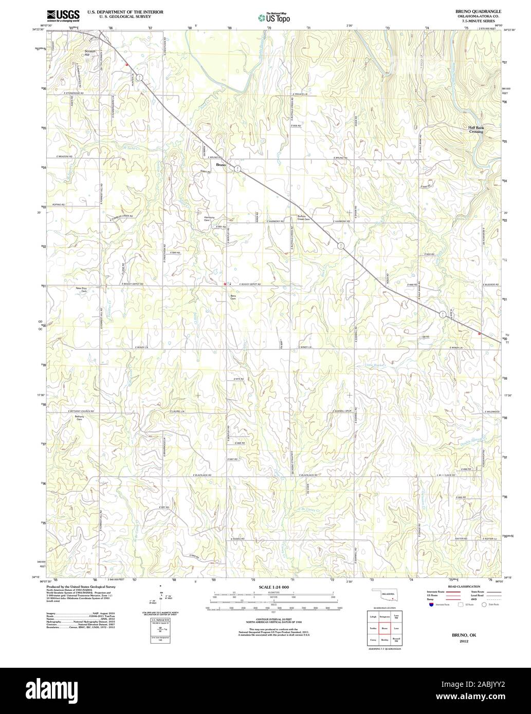 USGS TOPO Map Oklahoma OK Bruno 20121114 TM Restoration Stock Photo