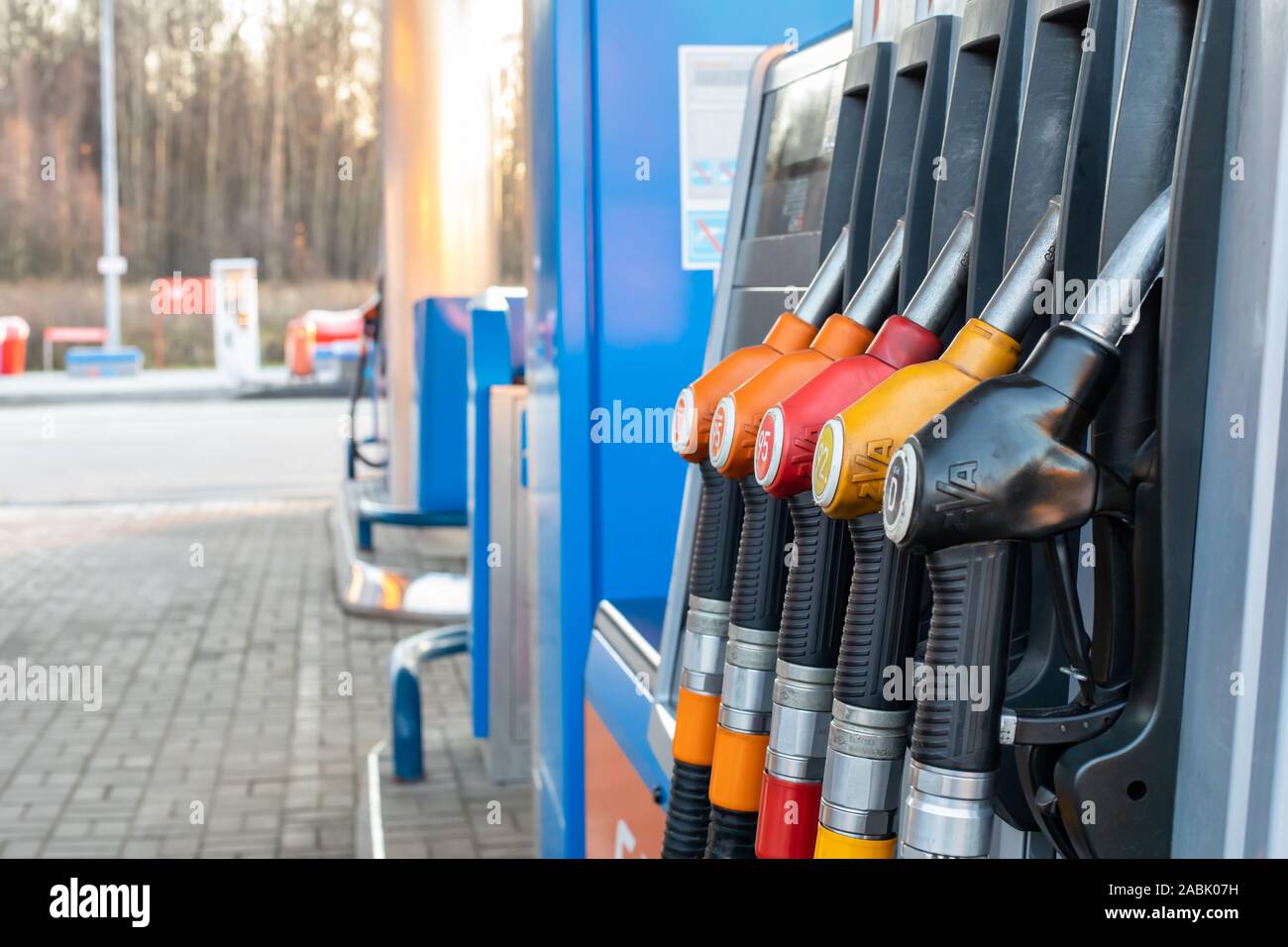 21-11-2019, Moscow region, Russia. A rack with pumps with different types of gasoline and diesel fuel at a gas station. Fuel self-service petrol stati Stock Photo